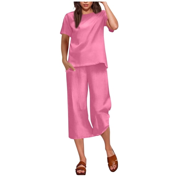 Miqool Women's Cotton Linen Summer Outfits Casual Short Sleeve Pullover Tops and Wide Leg Capri Pants 2 Piece Lounge Sets Tracksuits