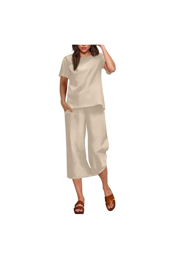 Women's Cotton Linen Summer Outfits Casual Short Sleeve Pullover Tops and Wide Leg Capri Pants 2 Piece Lounge Sets Tracksuits