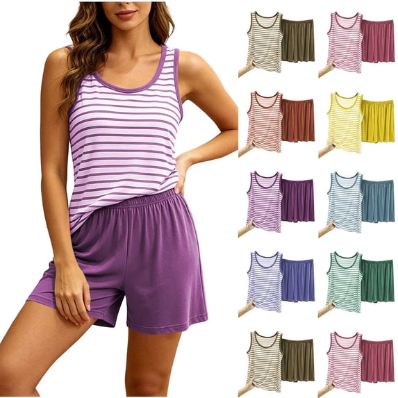 Miqool Women's Cotton Striped Pajama Sets Built-in Bra Tank Top Elastic Waist Shorts Soft Sleepwear 2 Piece Lounge Set