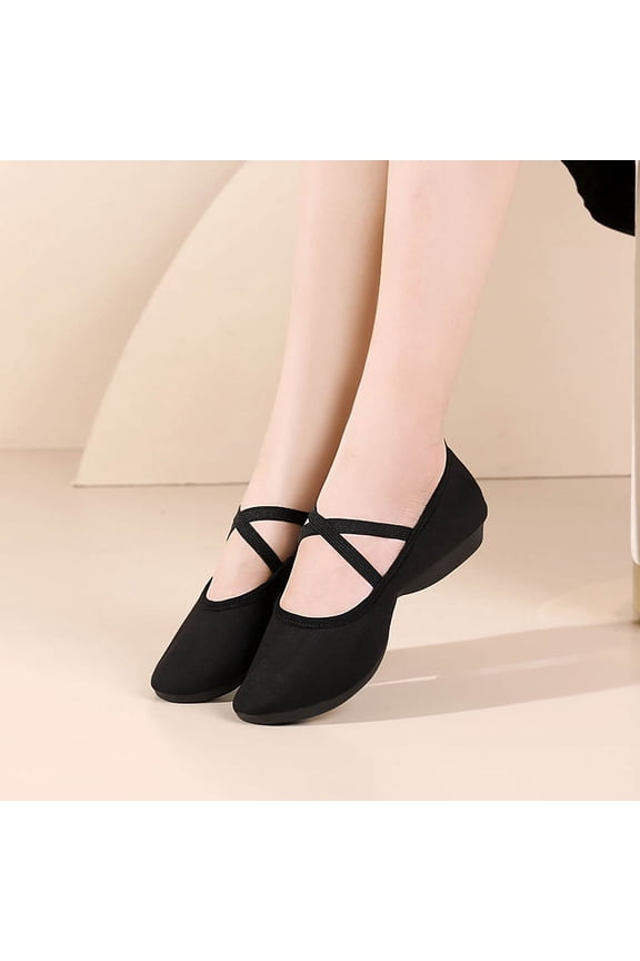 Women's Dance Shoes Crisscross Elastic Strap Arch Support Ballerina Shoes Yoga Dance Flats with Low Wedge Heel for Beginner