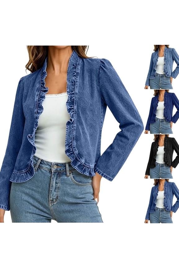 Women's Denim Cardigan Ruched Open Front Puff Long Sleeve Casual Spring Fall Jacket Outerwear Top