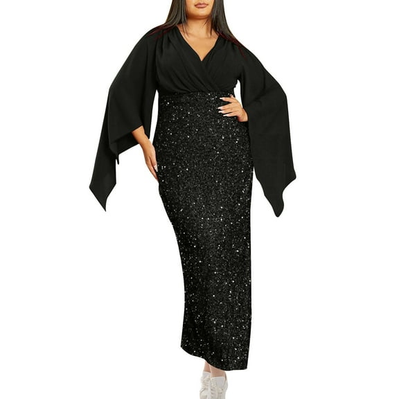 Miqool Women's Elegant Wrap V Neck Chiffon Sequin Wedding Guest Dresses Batwing Long Sleeve Bodycon Maxi Dress Evening Party Cocktail Dress Prom Gowns with Slit