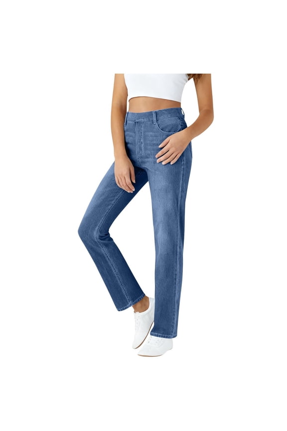Women's Faux Denim Pants Straight Leg High Waisted Pull On Stretchy Jeans Casual Dress Yoga Pants with Pockets