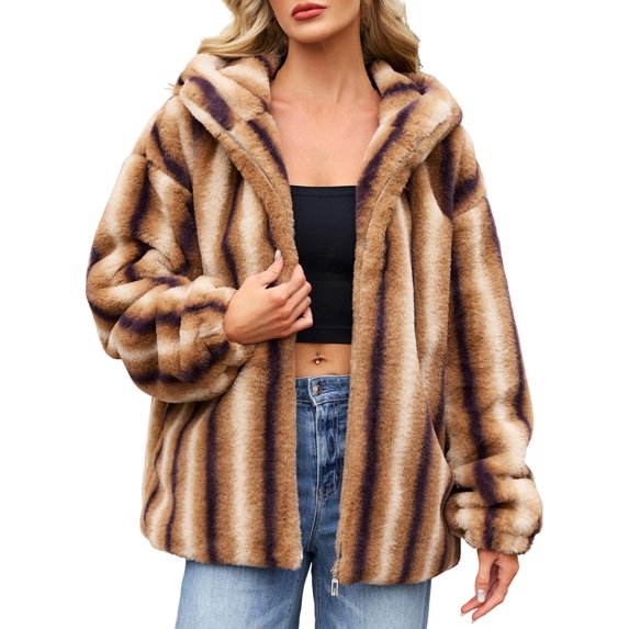 Miqool Women's Faux Fur Coat Zip Up Fleece Sherpa Warm Winter Jacket with Pockets and Hood XS‑2XL