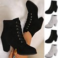 thumbnail image 1 of Miqool Women's Faux Leather Lace Up Ankle Boots Round Toe Block Heels Winter Cold Weather Warm Booties, 1 of 9
