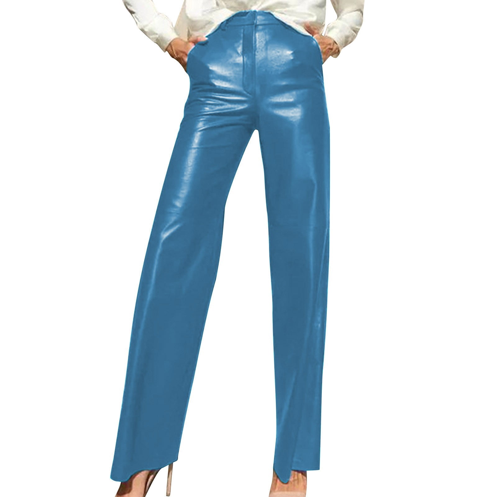 Miqool Women's Faux Leather Pants High Waisted Straight Wide Leg Stretchy Flared Leather Jeans Baggy Bell Bottom Trousers with Pockets