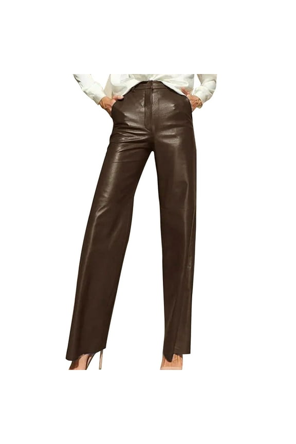 Women's Faux Leather Pants High Waisted Straight Wide Leg Stretchy Flared Leather Jeans Baggy Bell Bottom Trousers with Pockets