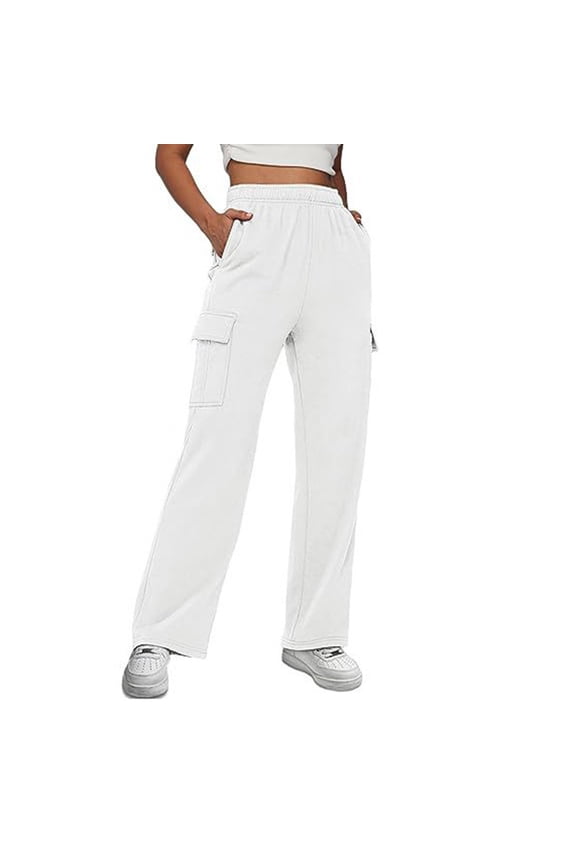 Women's Fleece Cargo Sweatpants Elastic High Waisted Straight Leg Workout Athletic Joggers Pants Casual Loose Comfy Baggy Sweat Pants with Pockets
