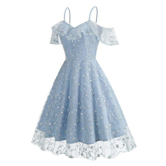 Miqool Women's Floral Embridery Tulle Homecoming Dresses Cold Shoulder Ruffle Tea Party Cocktail Dresses Wedding Guest Dresses Prom Formal Dresses