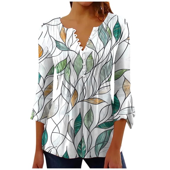 Miqool Women's Floral Print Boho Pleated Tunic Tops 3/4 Length Sleeve V Neck Buttons Dressy Casual Blouses Office Business Work Shirts