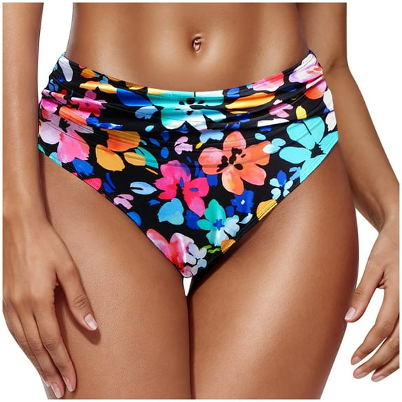 Miqool Women's Floral Print Ruched Swim Bottoms High Waisted Bikini Bottom Full Coverage Bathing Suit Tummy Control Swimsuit Briefs