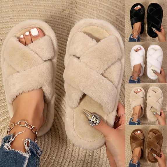 Miqool Women's Fuzzy Furry Puffy Slippers Open Toe Anti-Slip Cozy House Shoes Memory Foam Flat Slip On Soft Indoor Outdoor Slides