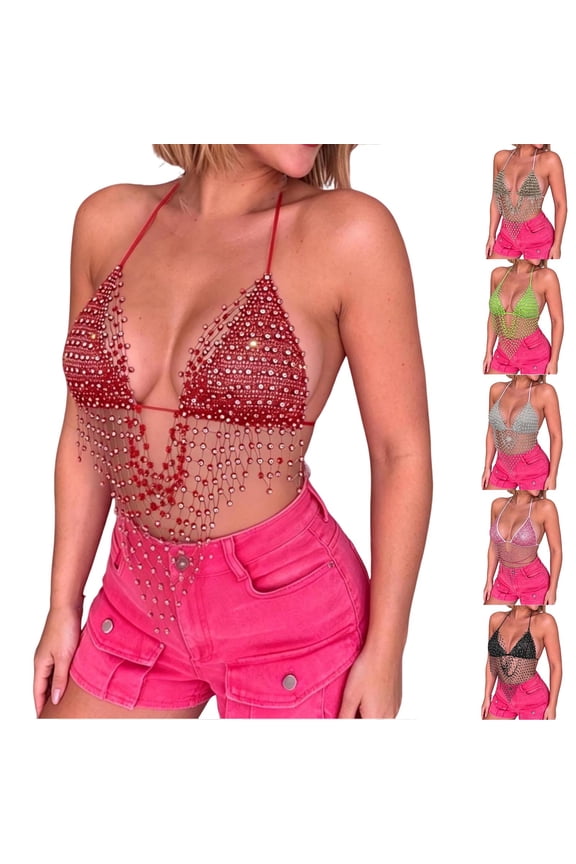 Women's Glitter Rhinestone Sequin Halter Tops Backless Sleeveless V Neck Asymmetrical Dance Bikini Bra Top Festival Rave Party Crop Tops