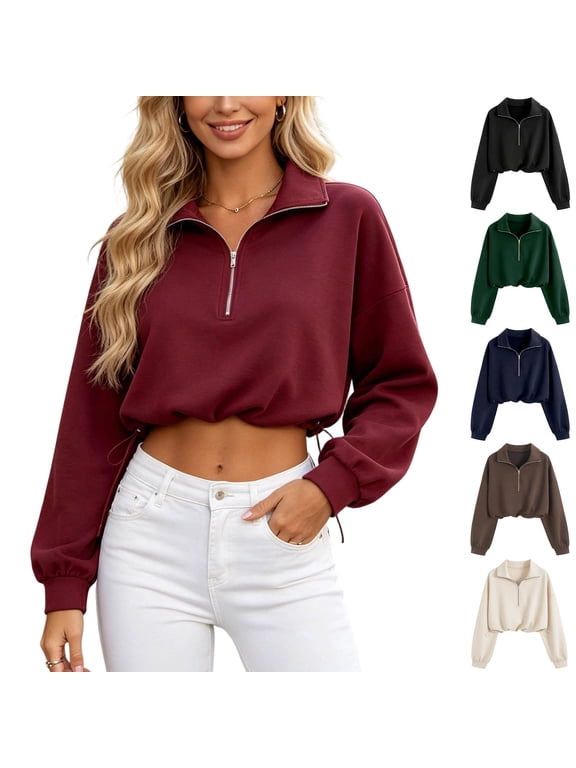 Women's Half Zip Cropped Sweatshirt Long Sleeve Drawstring Hem Pullover Turn Down Collar Casual Jacket Top