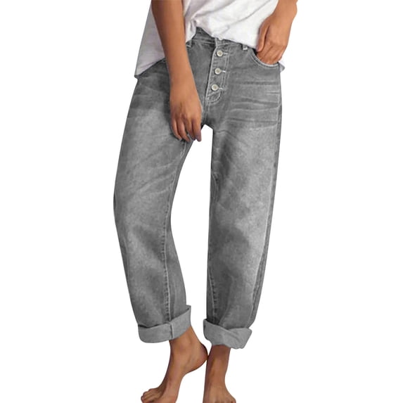 Miqool Women's High Rise Jeans Button Front Straight Wide Leg Casual Denim Pants with Pockets