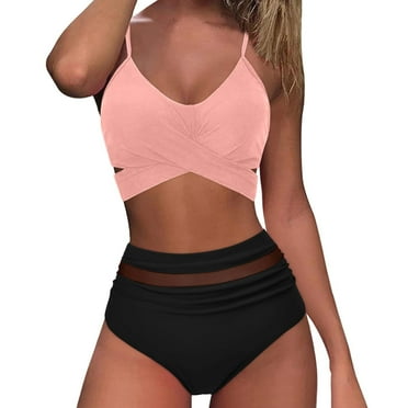 Miqool Women's High Waisted Bikini Sets Two Piece Ruched Tummy Control Swimsuits V Neck Push Up Twist Front Bathing Suit Swimwear