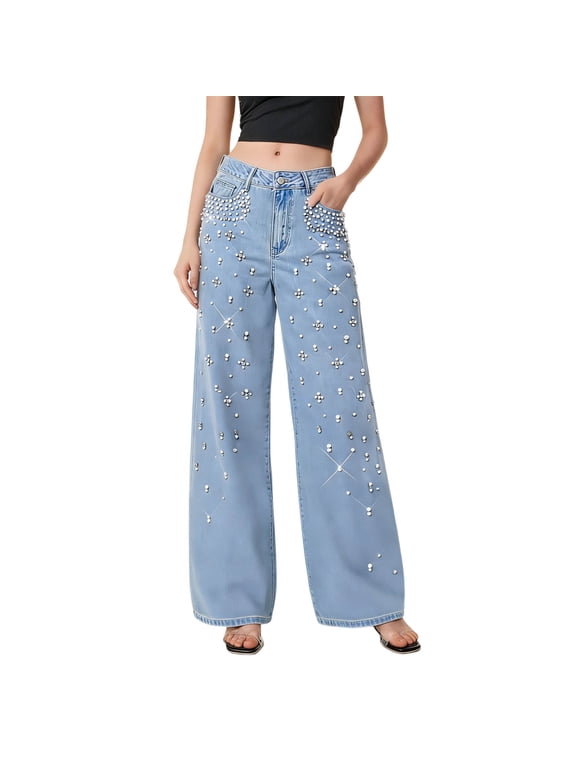 Women's High Waisted Jeans Rhinestone Boyfriend Straight Wide Leg Baggy Jeans Casual Sparkly Bling Glitter Denim Pants Trousers