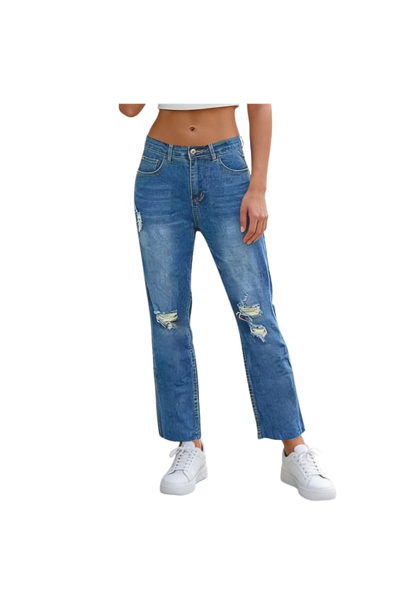 Women's High Waisted Tummy Control Elastic Waist Straight Ankle Ripped Jeans