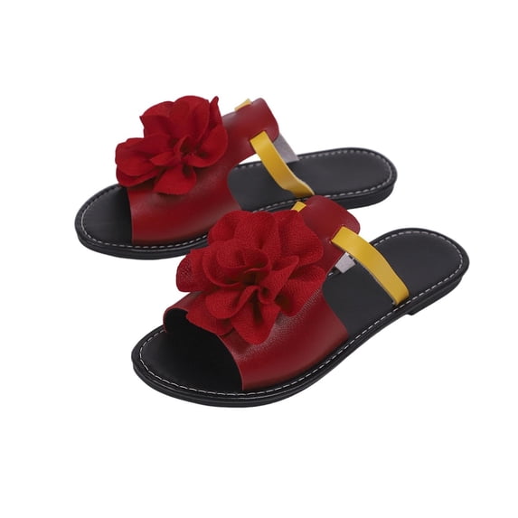 Miqool Women's Leather Flat Sandals Dressy Flower Comfortable Slide Sandals Fashion Round Open Toe Slip On Summer Beach Sandals