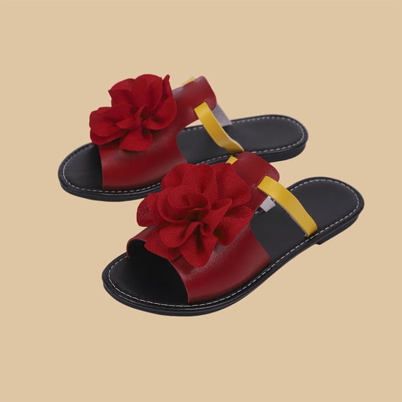Miqool Women's Leather Flat Sandals Dressy Flower Comfortable Slide Sandals Fashion Round Open Toe Slip On Summer Beach Sandals