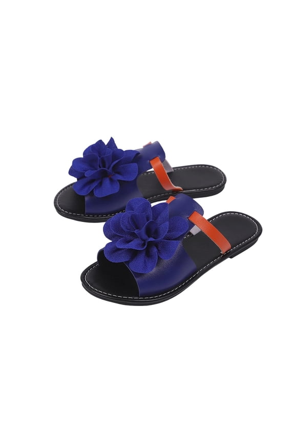 Women's Leather Flat Sandals Dressy Flower Comfortable Slide Sandals Fashion Round Open Toe Slip On Summer Beach Sandals