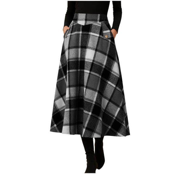 Miqool Women's Long Plaid Skirt High Elastic Waist Fall Winter A Line Flared Pleated Vintage Maxi Skirt with Pockets