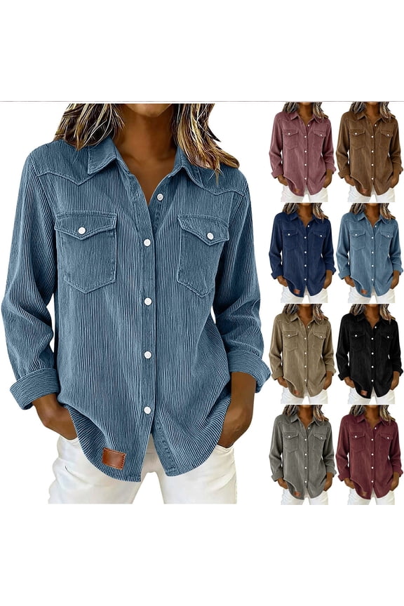 Women's Long Sleeve Corduroy Shirts Casual Button Down Lightweight Collared Jean Jacket with Pockets