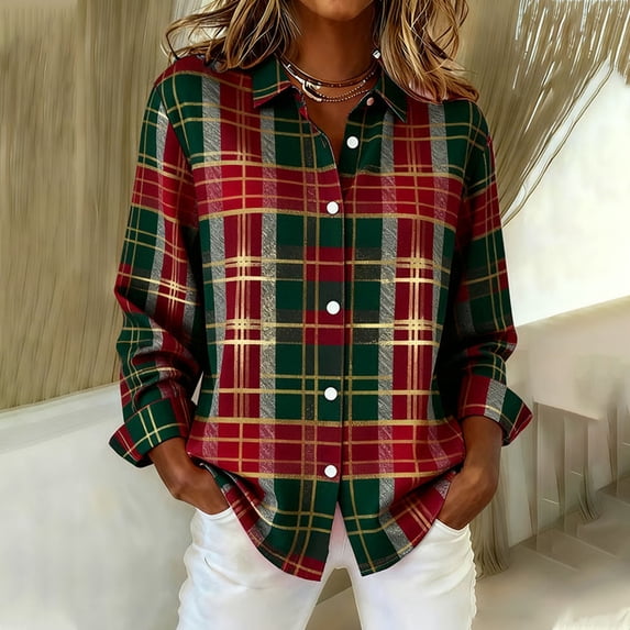 Miqool Women's Long Sleeve Plaid Shirts Collared Button Down Business Dressy Blouses for Christmas Casual Wear