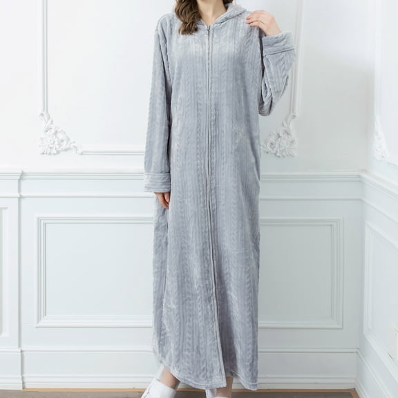 Miqool Women's Long Sleeve Robe Oversized Long Hooded Fleece Bathrobe Zipper Soft Plush Housecoat Maxi Duster Robe