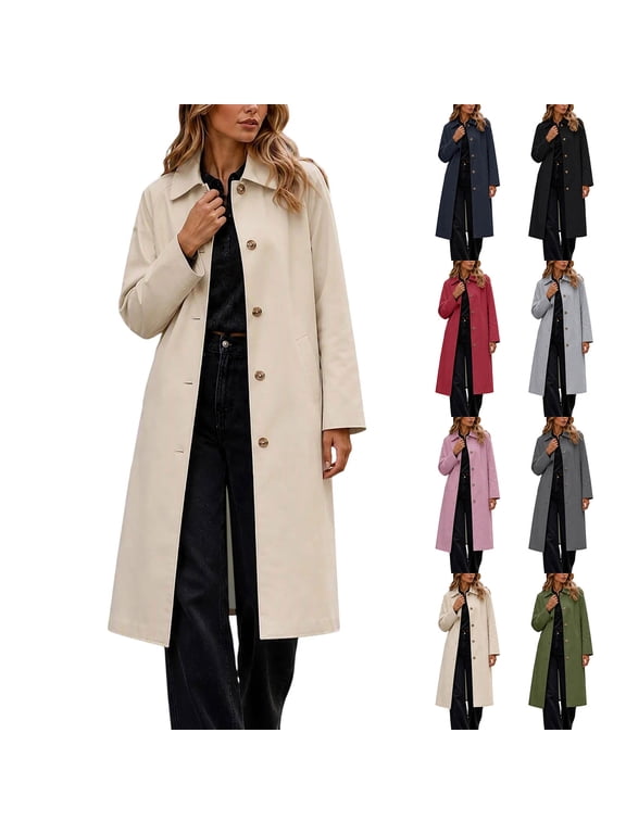 Women's Long Trench Coats Collared Button Down Long Sleeve Casual Trendy Fall Winter Outerwear Jackets with Pockets