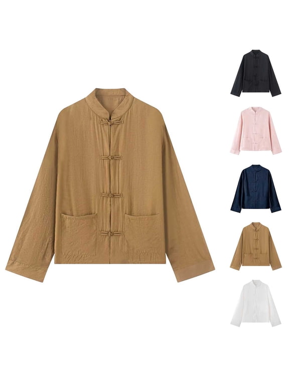 Women's Mandarin Collar Shirt Jacket Vintage Long Sleeve Button Knot Closure Lightweight Coat with Pockets