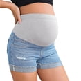 thumbnail image 1 of Miqool Women's Maternity Jean Shorts Over The Belly Ripped Roll Up Hem Denim Mini Shorts with Pocket, 1 of 4