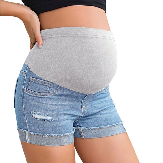 Miqool Women's Maternity Jean Shorts Over The Belly Ripped Roll Up Hem Denim Mini Shorts with Pocket