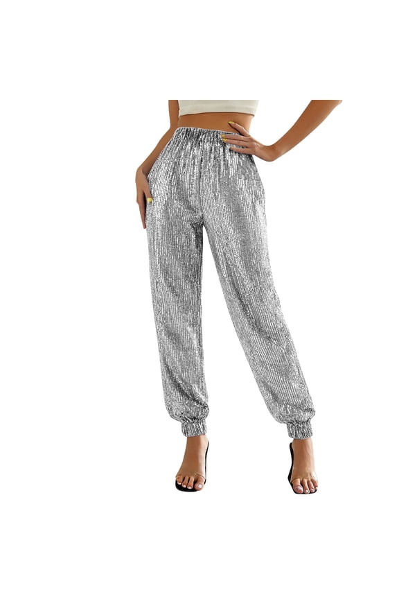 Women's Metallic Jogger Pants Sequin Gold Casual Dress Evening Party Clubwear Trouser