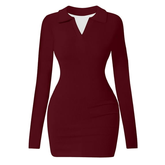 Miqool Women's Mini Dress Slim Fitted Long Sleeve V Neck Collared Ribbed Knit Bodycon Party Club Night Dresses