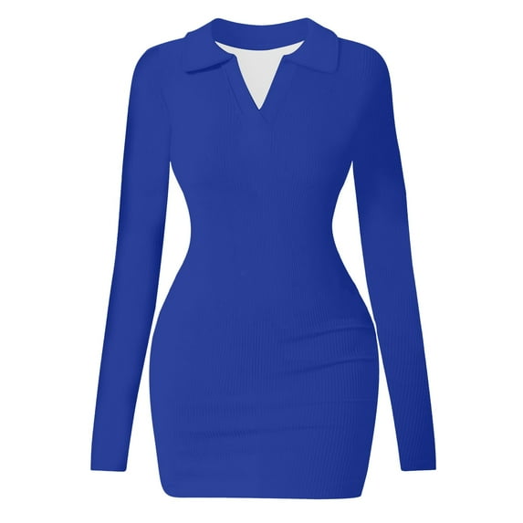 Miqool Women's Mini Dress Slim Fitted Long Sleeve V Neck Collared Ribbed Knit Bodycon Party Club Night Dresses