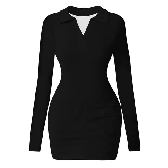Miqool Women's Mini Dress Slim Fitted Long Sleeve V Neck Collared Ribbed Knit Bodycon Party Club Night Dresses