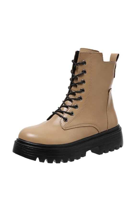 Women' s Multi-Color Lace-Up Mid-Calf Boots with Chunky Treaded Sole and Smooth Upper