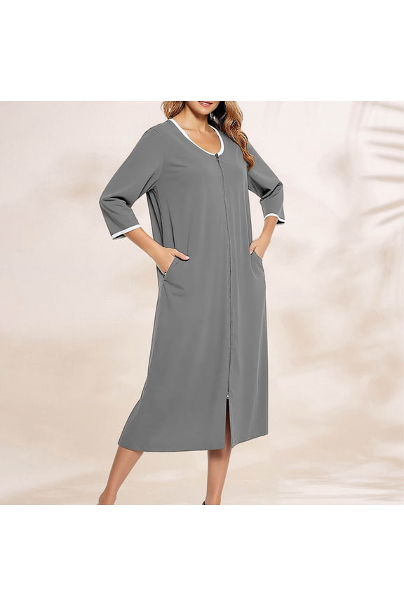 Women's Nightgown Casual 3/4 Sleeve Zip Up Housecoat Soft Bathrobe Sleepwear Full Length Loungewear with Pockets