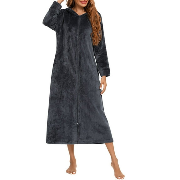 Miqool Women's Nightgown Zip Up Long Sleeve Nightshirt V Neck Sleepwear Full Length Pajama Dress with Pockets Soft Loungewear