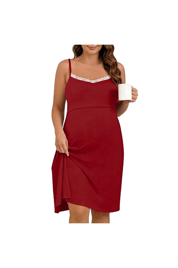 Women's Nursing Nightgown 3 In 1 Maternity Delivery Dress Breastfeeding Gown Lace Trim Full Slips Sleepwear Soft Pajama Dress