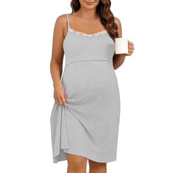 Miqool Women's Nursing Nightgown 3 In 1 Maternity Delivery Dress Breastfeeding Gown Lace Trim Full Slips Sleepwear Soft Pajama Dress