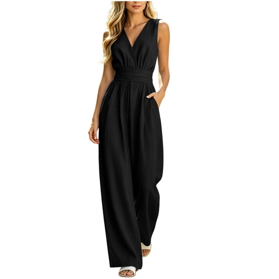 Miqool Women's One Piece Jumpsuits Dressy Casual Summer Sleeveless V Neck Wide Leg Pants Rompers Summer Clothes