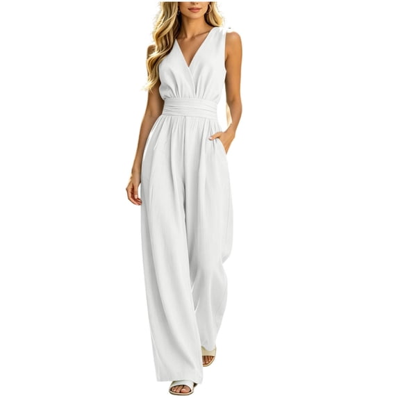 Miqool Women's One Piece Jumpsuits Dressy Casual Summer Sleeveless V Neck Wide Leg Pants Rompers Summer Clothes