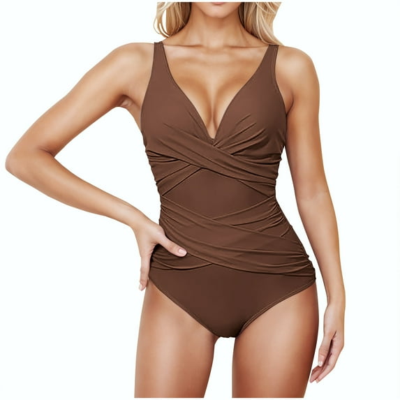 Miqool Women's One Piece Swimsuits V Neck Criss Cross Ruched Push Up Tummy Control Bathing Suits Slimming Swimwear