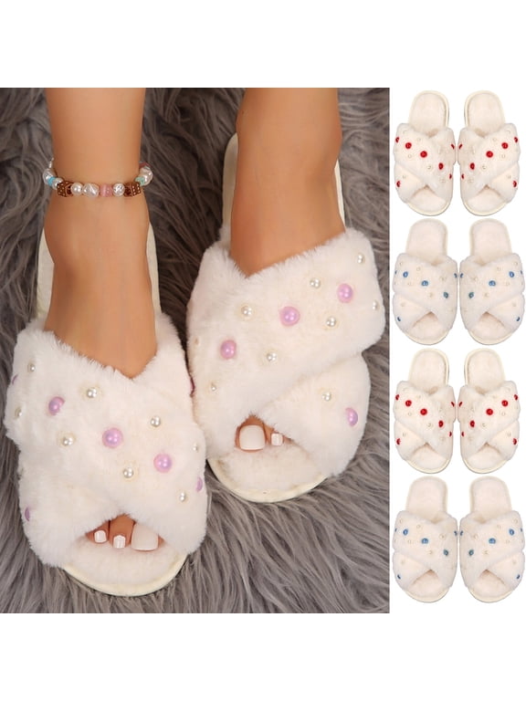 Women's Open Toe Crisscross Fuzzy Slide Slippers Pearl Plush Indoor Slippers Casual Winter Warm Fleece House Shoes