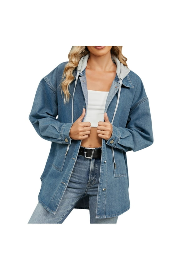 Women's Oversized Jean Jackets with Hood Casual Button Down Denim Jacket Jean Western Shacket Jacket Outerwear with Pockets