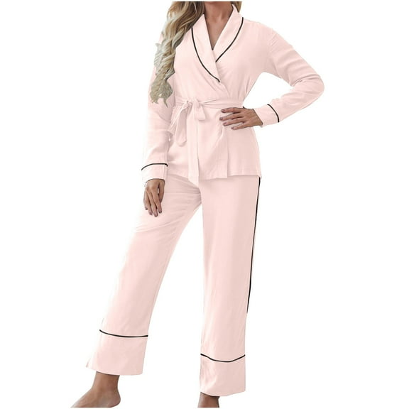 Miqool Women's Pajamas Sets Long Sleeve Sleepwear 2 Piece PJs Lounge Sets Belted Top and Pants Loungewear Soft Nightwear