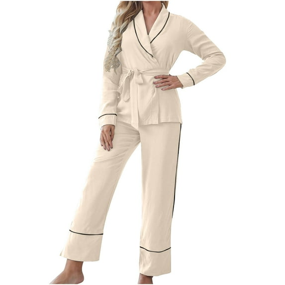 Miqool Women's Pajamas Sets Long Sleeve Sleepwear 2 Piece PJs Lounge Sets Belted Top and Pants Loungewear Soft Nightwear