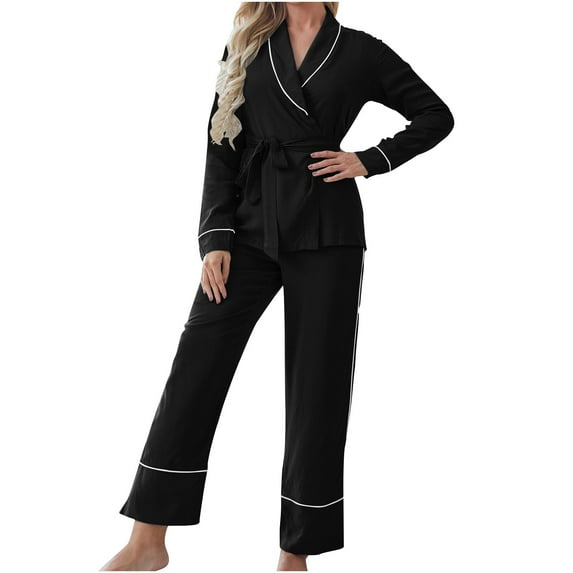 Miqool Women's Pajamas Sets Long Sleeve Sleepwear 2 Piece PJs Lounge Sets Belted Top and Pants Loungewear Soft Nightwear